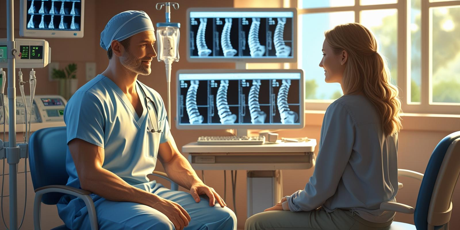 Professional hospital setting showing a spine surgeon consulting with a patient(in normal clothes ), with medical equipment and spine X-rays visible on monitors in the background, warm and calm atmosphere, realistic styl